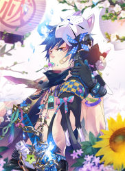 Rule 34 | 1boy, ao no exorcist, blue eyes, blue hair, cat, eating, flower, gloves, headphones, highres, jewelry, kuro (ao no exorcist), lock, male focus, matching hair/eyes, monq, necklace, okumura rin, ribbon, scarf, short hair, solo, star (symbol), tail, tears