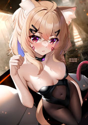Rule 34 | 1girl, ahoge, animal ear fluff, animal ears, artist name, bare shoulders, blonde hair, breasts, brown pantyhose, cleavage, closed mouth, commentary, covered navel, english commentary, facial mark, hair between eyes, hair ornament, hairclip, highres, looking at viewer, medium breasts, multicolored hair, pantyhose, purple hair, red eyes, shyrei faolan, solo, squchan, tail, two-tone hair, virtual youtuber, vyugen, whisker markings