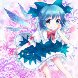 Rule 34 | 1girl, bad id, bad pixiv id, blue eyes, blue hair, blush, bow, cirno, female focus, gradient background, grin, hair bow, head rest, ice, ice wings, matching hair/eyes, nunucco, short hair, smile, solo, sparkle, touhou, white background, wings