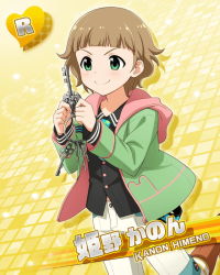 Rule 34 | &gt;:), 10s, 1boy, blush, brown hair, card (medium), character name, green eyes, hat, himeno kanon, hood, hoodie, idolmaster, idolmaster side-m, key, charm (object), male focus, official art, sailor hat, shirt, short hair, smile, solo, striped clothes, striped shirt, tank top, v-shaped eyebrows