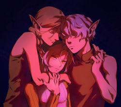 Rule 34 | 1girl, 2boys, arm around neck, bare shoulders, black background, blonde hair, chinese commentary, closed eyes, closed mouth, commentary, covered eyes, dungeon meshi, elf, english commentary, extra, frown, grey hair, group hug, hair over eyes, hair over shoulder, hand on another&#039;s arm, hand on another&#039;s hand, heads together, hug, long hair, long sleeves, looking at viewer, mithrun, mixed-language commentary, multiple boys, orange hair, pointy ears, short hair, sleeveless, smile, tsy, upper body