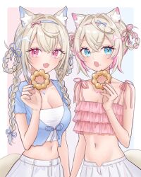 Rule 34 | 2girls, alternate costume, animal ear fluff, animal ears, blonde hair, blue eyes, blue hair, blue shirt, blush, breasts, cleavage, dog ears, dog girl, dog tail, doughnut, fangs, food, frilled shirt, frills, fuwawa abyssgard, highres, holding doughnut, hololive, hololive english, large breasts, long hair, looking at viewer, medium hair, mococo abyssgard, multicolored hair, multiple girls, navel, open mouth, pink eyes, pink hair, pink shirt, pon de ring, sein 025, shirt, shorts, siblings, sisters, smile, streaked hair, tail, twins, virtual youtuber, white background, white shorts