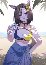 Rule 34 | 1girl, air groove (umamusume), alternate costume, animal ears, asymmetrical bangs, bare shoulders, beach, bikini, blush, bottle, breasts, brown hair, choker, cleavage, covered navel, cowboy shot, hand on own hip, highres, holding, holding bottle, horizon, horse ears, horse girl, horse tail, looking at viewer, medium breasts, medium hair, navel, nut megu, ocean, open mouth, outdoors, purple eyes, sand, sarong, see-through sarong, shade, signature, solo, swimsuit, tail, thigh strap, umamusume, water bottle