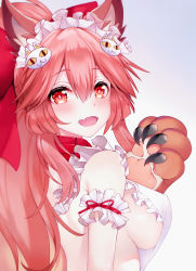 Rule 34 | 1girl, animal ear fluff, animal ears, animal hands, apron, bell, bow, breasts, cat hair ornament, collar, fate/grand order, fate (series), fox ears, fox girl, gloves, hair between eyes, hair bow, hair ornament, highres, jingle bell, large breasts, long hair, maid headdress, naked apron, neck bell, paw gloves, pink hair, red bow, red eyes, sabi1234, solo, tamamo (fate), tamamo cat (fate), tamamo cat (third ascension) (fate), upper body, white apron