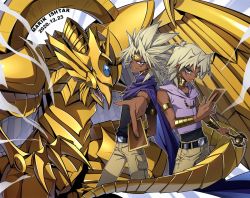 Rule 34 | 2boys, black shirt, blonde hair, blue cape, brown pants, cape, character name, commentary request, dark-skinned male, dark skin, dated, earrings, facial mark, holding, holding staff, jewelry, long hair, looking at viewer, male focus, marik ishtar, millennium rod, multiple boys, outline, pants, parted lips, pira 811, shirt, smile, spiked hair, staff, the winged dragon of ra, white outline, yami marik, yu-gi-oh!, yu-gi-oh! duel monsters