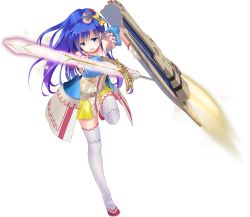 Rule 34 | 1girl, artist request, blue eyes, blue hair, boots, bow, dress, full body, gloves, gradient hair, hair bow, hat, holding, holding shield, holding sword, holding weapon, knee boots, marksburg (oshiro project), mini hat, multicolored hair, official art, open mouth, oshiro project:re, oshiro project:re, purple hair, shield, skirt, solo, sword, thighhighs, transparent background, weapon, white gloves, white thighhighs, yellow bow, yellow skirt