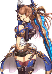 Rule 34 | 10s, 1girl, :d, armor, armored boots, beatrix (granblue fantasy), boots, breasts, brown eyes, brown hair, cleavage, cleavage cutout, clothing cutout, cowboy shot, finger to mouth, glowing, glowing sword, glowing weapon, granblue fantasy, head tilt, highres, holding, holding weapon, long hair, looking at viewer, medium breasts, navel, open mouth, pauldrons, ponytail, sakaokasan, shorts, shoulder armor, showgirl skirt, simple background, smile, solo, sword, thighhighs, weapon, white background