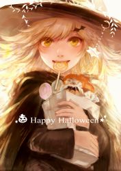 Rule 34 | 1girl, absurdres, bag, blonde hair, blush, candy, commentary request, english text, food, food in mouth, hair ornament, hairclip, halloween, happy halloween, hat, highres, holding, lollipop, long hair, long sleeves, looking at viewer, mouth hold, original, robe, romiy, smile, solo, star (symbol), upper body, yellow eyes