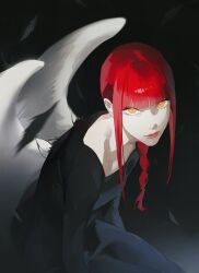 Rule 34 | 1girl, angel wings, black background, black dress, braid, chainsaw man, dress, feathers, gradient background, highres, knees out of frame, long sleeves, looking at viewer, makima (chainsaw man), medium hair, orange eyes, red hair, single braid, solo, uqi32, wings