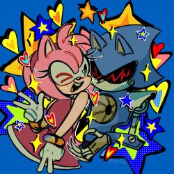 &gt;_o 1boy 1girl :d amy_rose animal_ears animal_nose black_sclera blue_background bracelet claws colored_sclera dress furry furry_female furry_male glitch gloves gold_bracelet green_eyes hairband heart hedgehog_girl hetero highres humanoid_robot jewelry looking_at_another metal_sonic one_eye_closed open_mouth pink_fur pink_hair red_dress red_eyes red_hairband robot simple_background smile sonic_(series) sparkle star_(symbol) upper_body white_gloves xue_gin