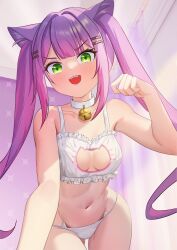 Rule 34 | 1girl, agogo (mebinli), animal ears, arm support, bare arms, bare shoulders, bell, bra, breasts, cat cutout, cat ear panties, cat ears, cat lingerie, choker, clothing cutout, commentary, dot nose, fangs, frilled bra, frills, gluteal fold, gradient hair, green eyes, hair ornament, hairclip, hand up, highres, hololive, indoors, jingle bell, leaning forward, light blush, long hair, looking at viewer, medium breasts, meme attire, multicolored hair, navel, neck bell, open mouth, panties, paw pose, pink hair, purple hair, sidelocks, smile, solo, stomach, streaked hair, string panties, symbol-only commentary, teeth, thigh gap, tokoyami towa, twintails, underwear, underwear only, upper teeth only, v-shaped eyebrows, very long hair, virtual youtuber, white bra, white choker, white panties