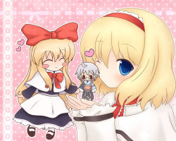 Rule 34 | :&gt;, ahoge, alice margatroid, blonde hair, blue eyes, blush, blush stickers, bow, capelet, character doll, chibi, doll, closed eyes, glasses, hair bow, hairband, holding hands, heart, highres, kiss, ko torii, long hair, mary janes, morichika rinnosuke, multiple girls, pouch, shanghai doll, shoes, short hair, silver hair, touhou, wink