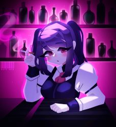 Rule 34 | 1girl, bar (place), bartender, cigarette, highres, jill stingray, nahrimon, open mouth, purple hair, smoking, solo, twintails, va-11 hall-a