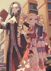 Rule 34 | 1boy, 1girl, ascot, beatrice (re:zero), blonde hair, blue eyes, blurry, book, bookshelf, capelet, closed mouth, coat, commentary request, crown, dress, drill hair, earrings, eyelashes, frills, frown, fur-trimmed capelet, fur trim, gloves, hair ribbon, high collar, highres, holding, holding book, indoors, jewelry, library, long hair, long sleeves, mini crown, multicolored hair, pants, pantyhose, parupin, pink pantyhose, pink ribbon, re:zero kara hajimeru isekai seikatsu, red dress, ribbon, roswaal a. mathers, shoes, short eyebrows, sidelocks, smile, standing, streaked hair, striped clothes, striped pantyhose, symbol-shaped pupils, twin drills, twintails, white ascot, white gloves