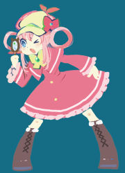 Rule 34 | 1girl, ;o, blue background, blue eyes, blush stickers, boots, bow, bowtie, brown footwear, capelet, commentary, cross-laced footwear, dark background, deerstalker, detective, dot nose, dress, english commentary, frilled sleeves, frills, full body, hair rings, hand up, hat, hat bow, holding, holding magnifying glass, knee boots, leaning to the side, legs apart, lenny-tree, long sleeves, looking to the side, magnifying glass, medium dress, no lineart, one eye closed, open mouth, outstretched arm, pink bow, pink capelet, pink dress, pink hair, sherlock shellingford, sidelocks, simple background, solo, standing, tantei opera milky holmes, tareme, two-tone headwear, wide sleeves, yellow bow, yellow bowtie, yellow hat
