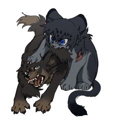 Rule 34 | animal, animalization, biting, blue eyes, brown dog, commentary, cub, deviidog0, dog, ear biting, english commentary, full body, highres, lion, lion cub, mouth hold, no humans, open mouth, original, scar, simple background, sitting, white background