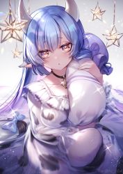 Rule 34 | 1girl, animal ears, animal print, blue hair, blush, bow, bright pupils, catura (granblue fantasy), cow ears, cow print, cow tail, dot mouth, draph, eyelashes, gradient hair, granblue fantasy, highres, horns, kogome (azalea4), long hair, multicolored hair, nightgown, hugging object, on bed, pendant choker, pillow, pillow hug, purple hair, sitting, solo, sparkle, star (symbol), tail, tail bow, tail ornament, very long hair, yellow eyes