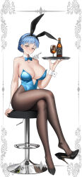 Rule 34 | 1girl, alcohol, alternate costume, armpit crease, bar stool, black footwear, blue bow, blue hair, blue leotard, blush, border, bottle, bow, braid, breasts, brown pantyhose, cleavage, closed mouth, collar, commentary, commentary request, commission, crossed legs, crown braid, cup, detached collar, english commentary, eyelashes, fire emblem, fire emblem: three houses, full body, grey eyes, high heels, highres, holding, holding plate, jack daniel&#039;s, large breasts, leotard, marianne von edmund, mixed-language commentary, nintendo, on stool, ornate border, outside border, pantyhose, plate, playboy bunny, shizuko hideyoshi, short hair, sitting, smile, solo, stool, whiskey, white collar