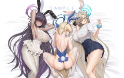 Rule 34 | 3girls, absurdres, all fours, animal ear hairband, animal ears, apron, aqua bikini, armpits, arms up, ass, asuna (blue archive), bare legs, bare shoulders, bed sheet, bikini, bikini under clothes, black hair, black skirt, blonde hair, blue archive, blue leotard, blush, breasts, dark-skinned female, dark skin, fake animal ears, feet out of frame, hairband, halo, highres, huge breasts, karin (blue archive), large breasts, leotard, light brown hair, looking at viewer, lying, momoriko, multiple girls, official alternate costume, on back, on side, pantyhose, playboy bunny, rabbit ear hairband, rabbit ears, rabbit tail, sample watermark, school uniform, scrunchie, shirt, skirt, smile, strapless, strapless leotard, swimsuit, tail, thighhighs, thong, toki (blue archive), toki (bunny) (blue archive), watermark, wet, wet apron, wet clothes, wet shirt, wet thighhighs, white apron, white pantyhose, white shirt, white thighhighs, wrist scrunchie