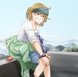 Rule 34 | 1girl, bandaid, bandaid on face, blue hairband, brown eyes, brown hair, clothes around waist, crab, feet out of frame, hairband, jacket, jacket around waist, kantai collection, looking at viewer, oboro (kancolle), scenery, shakeda mamoshirou, shirt, short hair, shorts, sitting, solo, striped clothes, striped shirt, watch, white shirt, wristwatch