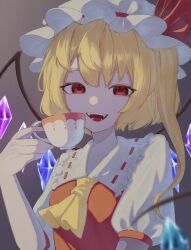 Rule 34 | 1girl, :d, ascot, blonde hair, crystal, cup, flandre scarlet, grey background, hand up, hat, holding, holding cup, karumia, mob cap, open mouth, red eyes, red vest, simple background, smile, solo, teeth, touhou, upper body, vest, wings, yellow ascot