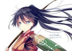 Rule 34 | 10s, 1girl, black hair, blue eyes, bow (weapon), closed eyes, double bun, eyebrows, floral print, frown, hair bun, hizaka, holding, holding bow (weapon), holding weapon, houshou (kancolle), japanese clothes, kantai collection, kimono, long hair, ponytail, simple background, solo, tasuki, twitter username, upper body, weapon, white background