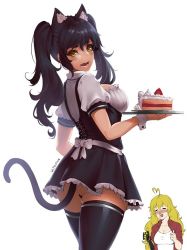 Rule 34 | 2girls, animal ears, ass, black hair, blake belladonna, blood, blush, breasts, cat ears, cat tail, cleavage, cosplay, dress, happy, large breasts, looking at viewer, lulu-chan92, maid, multiple girls, nosebleed, ponytail, rwby, skirt, tail, thighhighs, thumbs up, upskirt, yang xiao long, yellow eyes