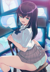 Rule 34 | 1girl, 40hara, angry, ass, black hair, black shirt, blue necktie, clothes lift, commentary request, from above, glaring, green eyes, grey skirt, hair between eyes, highres, long hair, looking at viewer, miniskirt, necktie, on chair, open mouth, original, panties, pantyshot, pleated skirt, school uniform, shirt, short sleeves, sitting, sitting backwards, skirt, skirt lift, solo, spread legs, underwear, white panties, white shirt