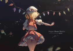 Rule 34 | 1girl, absurdres, anhao1224, back, blonde hair, cowboy shot, crop top, crystal wings, english text, flandre scarlet, frills, from behind, hat, highres, midriff, mob cap, puffy short sleeves, puffy sleeves, short hair, short sleeves, solo, thighs, touhou, white hat