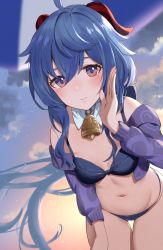 Rule 34 | 1girl, ahoge, bare shoulders, bell, bent over, bikini, black bikini, blue hair, blush, breasts, cleavage, closed mouth, cloud, cowboy shot, cropped jacket, day, detached collar, ganyu (genshin impact), genshin impact, gradient sky, highres, horns, jacket, kozeni isari, long hair, long sleeves, looking at viewer, navel, neck bell, off shoulder, open clothes, open jacket, outdoors, purple jacket, red eyes, sky, small breasts, smile, solo, sunlight, swimsuit, thigh gap, very long hair