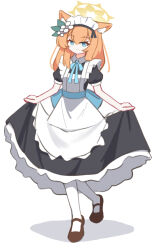 1girl alternate_costume animal_ear_fluff animal_ears apricotlemontea apron black_dress blue_archive blue_eyes blue_ribbon brown_footwear cat_ears cat_girl commentary dress enmaided flower hair_between_eyes hair_flower hair_ornament hairband highres long_hair looking_at_viewer maid maid_apron maid_headdress mari_(blue_archive) orange_hair pantyhose ribbon short_sleeves sidelocks skirt_hold smile solo white_apron white_flower white_hairband white_pantyhose