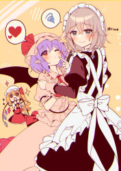 Rule 34 | + +, 3girls, apron, ascot, bat wings, black dress, blonde hair, blue eyes, blush, bow, braid, buttons, closed mouth, crystal, dress, flandre scarlet, grey hair, hair between eyes, hat, heart, highres, izayoi sakuya, juliet sleeves, kirero, long hair, long sleeves, maid apron, maid headdress, mob cap, multiple girls, open mouth, pink dress, pink headwear, pointy ears, puffy short sleeves, puffy sleeves, purple hair, red ascot, red bow, red eyes, red skirt, red vest, remilia scarlet, shirt, short hair, short sleeves, side ponytail, skirt, spoken heart, sweatdrop, touhou, twin braids, twitter username, vest, white apron, white headwear, white shirt, wings