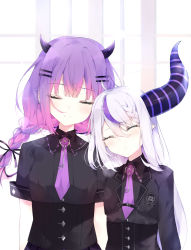 Rule 34 | 2girls, absurdres, black ribbon, black shirt, blush, braid, breasts, closed eyes, collared shirt, commentary request, cosplay, demon girl, demon horns, facing viewer, grey hair, hair ornament, hairclip, highres, hololive, horns, la+ darknesss, multicolored hair, multiple girls, necktie, pink hair, pointy hair, purple hair, purple necktie, ribbon, shigureszku, shirt, striped horns, tokoyami towa, tokoyami towa (cosplay), virtual youtuber