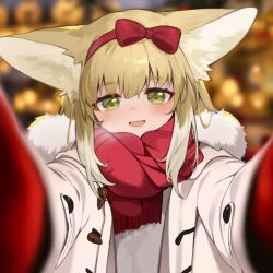 Rule 34 | 1girl, animal ear fluff, animal ears, arknights, blonde hair, blurry, blurry background, blush, bow, bow hairband, chinese commentary, coat, colored tips, commentary request, fox ears, fox girl, fur-trimmed coat, fur trim, green eyes, hair bow, hairband, highres, looking at viewer, meme, multicolored hair, open mouth, pov cheek warming (meme), red bow, red hairband, red scarf, scarf, shio (shiofeifei), solo, suzuran (arknights), two-tone hair, white coat, white hair