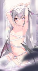 Rule 34 | + +, 1girl, absurdres, armpits, arms up, bandages, bandaid, bandaid on arm, bat wings, blush, borrowed character, breasts, collarbone, commentary request, eve (rurudo), head wings, highres, kanzarin, long hair, looking at viewer, naked bandage, navel, original, purple eyes, sitting, small breasts, solo, twintails, very long hair, wariza, wet, white hair, wings