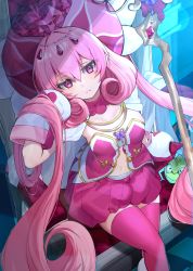 Rule 34 | 1girl, bare shoulders, breasts, cape, curly hair, hat, highres, long hair, mittens, neneka (princess connect!), pink hat, pink mittens, pointy ears, princess connect!, puffy shorts, red shorts, red thighhighs, shorts, small breasts, solo, thighhighs, thighs, very long hair, white cape, white mittens, xiujia yihuizi