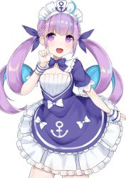 Rule 34 | :d, absurdres, anchor symbol, blue bow, blue dress, blue hair, blue nails, blush, bow, braid, breasts, cleavage, colored inner hair, commentary request, cowboy shot, dress, fingernails, frilled dress, frills, hair ribbon, hand up, hashiko nowoto, highres, hololive, long hair, maid, maid headdress, minato aqua, minato aqua (1st costume), multicolored hair, nail polish, open mouth, puffy short sleeves, puffy sleeves, purple eyes, purple hair, purple ribbon, ribbon, short sleeves, sidelocks, simple background, small breasts, smile, standing, twintails, two-tone hair, very long hair, virtual youtuber, white background, wristband