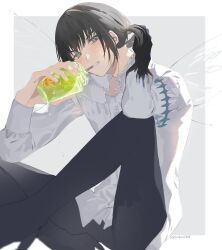 Rule 34 | 1boy, absurdres, black hair, claws, cup, dragonfly wings, dress shirt, drink, drinking, drinking straw, fate/grand order, fate (series), frilled shirt collar, frills, grey eyes, highres, holding, holding cup, long sleeves, male focus, oberon (fate), oberon (third ascension) (fate), romo827, shirt, sitting, solo, white background, white shirt