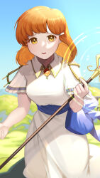Rule 34 | 1girl, absurdres, blue sky, cowboy shot, dress, fire emblem, fire emblem: genealogy of the holy war, gem, highres, holding, holding staff, ikura (downdexp), jewelry, lana (fire emblem), looking at viewer, nintendo, open mouth, orange hair, outdoors, short hair, short sleeves, sky, smile, solo, staff, white dress, yellow eyes
