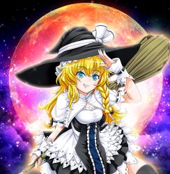 Rule 34 | 1girl, :d, blonde hair, blue eyes, braid, breasts, broom, cleavage, full moon, grin, hat, holding, kirisame marisa, long hair, looking at viewer, moon, open mouth, salute, single braid, smile, solo, sparkle, tk8d32, touhou, witch hat