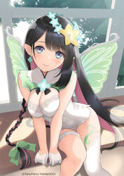 Rule 34 | 1girl, bare shoulders, black hair, blue eyes, blush, bow, braid, breasts, cleavage, closed mouth, commentary request, covered navel, day, dress, earrings, fairy, fairy wings, flower, garter straps, gloves, hair bow, hair flower, hair ornament, head tilt, indoors, jewelry, light particles, lips, long hair, long sleeves, looking at viewer, medium breasts, multicolored hair, original, pink hair, pointy ears, shadow, short dress, simple background, single thighhigh, sitting, sleeveless, smile, thigh strap, thighhighs, thighs, tony taka, white gloves, window, wings