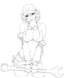Rule 34 | 10s, 1girl, bare shoulders, baseball cap, belt, breasts, cidney aurum, cleavage, collarbone, cowboy shot, curly hair, final fantasy, final fantasy xv, gloves, goggles, goggles around neck, hair between eyes, hat, highres, jacket, large breasts, long sleeves, looking at viewer, midriff, monochrome, navel, newash, open mouth, short hair, shorts, solo, source request, upper body, utility belt, wrench