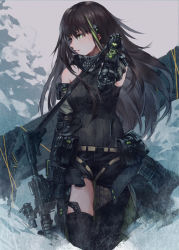 Rule 34 | 1girl, aamond, assault rifle, asymmetrical legwear, bare shoulders, black hair, black thighhighs, commentary, girls&#039; frontline, green hair, gun, holding, holding gun, holding weapon, long hair, m4 carbine, m4a1 (girls&#039; frontline), m4a1 (mod3) (girls&#039; frontline), magazine (weapon), mechanical arms, mod3 (girls&#039; frontline), multicolored hair, ribbed sweater, rifle, single mechanical arm, single thighhigh, skull print, solo, streaked hair, sweater, thighhighs, uneven legwear, weapon, weapon case
