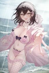 Rule 34 | 1girl, :d, beach, black eyes, black hair, breasts, fishnet thighhighs, fishnets, highres, jacket, large breasts, lingerie, looking at viewer, medium breasts, navel, open mouth, original, pink jacket, rain, reaching, reaching towards viewer, short hair, smile, solo, syandega, thighhighs, underwear