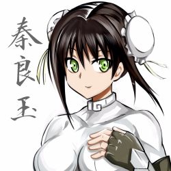 Rule 34 | 1girl, bodysuit, breasts, brown hair, bun cover, character name, collarbone, commentary request, double bun, fate/grand order, fate (series), fingerless gloves, gloves, green eyes, highres, inoue kousei, long hair, looking at viewer, medium breasts, qin liangyu (fate), sidelocks, smile, solo, tight clothes, translation request, upper body, white background