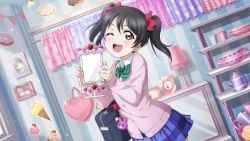 Rule 34 | 1girl, artist name, artist request, bag behind back, black hair, blue skirt, blush, bow, bowtie, cardigan, collared shirt, female focus, green bow, green bowtie, hair bow, holding, holding mirror, indoors, long sleeves, looking at viewer, love live!, love live! school idol project, miniskirt, mirror, one eye closed, otonokizaka school uniform, parted lips, pink cardigan, red bow, red eyes, school uniform, shirt, short hair, skirt, smile, solo, striped bow, striped bowtie, striped clothes, twintails, yazawa nico