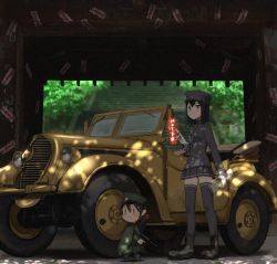 Rule 34 | 2girls, :|, akitsu maru (kancolle), annin musou, bad id, bad twitter id, black eyes, black footwear, black hair, black headwear, black jacket, black legwear, black skirt, boots, cape, car, chibi, closed mouth, commentary request, dappled sunlight, fairy (kancolle), frown, gloves, gun, hair between eyes, hat, holding, holding gun, holding paper, holding weapon, jacket, kantai collection, long sleeves, military, military uniform, miniskirt, motor vehicle, multiple girls, ofuda, pale skin, paper, peaked cap, pleated skirt, short hair, size difference, skirt, stairs, standing, sunlight, thighhighs, torii, uniform, v-shaped eyebrows, vehicle focus, vehicle request, weapon, white gloves, wide shot, zettai ryouiki