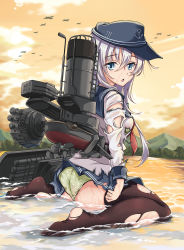 Rule 34 | 10s, 1girl, :o, aircraft, airplane, anchor symbol, arms at sides, ass, black hat, black thighhighs, blue eyes, blue skirt, blush, breasts, cloud, dawn02, evening, feet, female focus, flat cap, from behind, full body, green panties, hat, hibiki (kancolle), highres, kantai collection, long hair, long sleeves, machinery, no shoes, open mouth, outdoors, panties, partially submerged, plant, pleated skirt, polka dot, polka dot panties, roman numeral, shirt, shore, silhouette, silver hair, sitting, skirt, sky, solo, spread legs, thighhighs, torn clothes, torn shirt, torn skirt, torn thighhighs, underwear, upskirt, wariza, water, water drop, wet, wet clothes, wet panties, wet shirt, wet skirt, white shirt, yellow sky