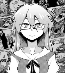 Rule 34 | 1girl, breasts, emergence (shindol), expressionless, glasses, greyscale, hair ornament, lips, long hair, looking at viewer, monochrome, multiple views, neon genesis evangelion, neon genesis evangelion (manga), parody, school uniform, short sleeves, skirt, solo, souryuu asuka langley, standing, style parody, tokyo-3 middle school uniform, two side up, upper body, very long hair, yoshida saki