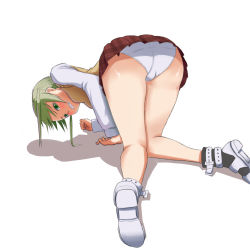 Rule 34 | 00s, 1girl, all fours, ass, blonde hair, blush, breasts, green eyes, green hair, iwamocchan, legs, looking at viewer, looking back, maka albarn, matching hair/eyes, panties, pantyshot, plaid, plaid skirt, simple background, skirt, small breasts, solo, soul eater, twintails, underwear, upskirt, white background, white panties